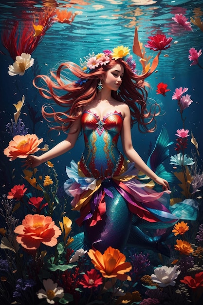 Hermosa sirena con flores en el pelo Escena submarina