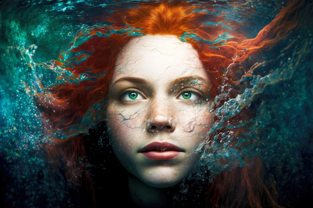 Hermosa sirena hermosa con cabello rojo bajo el agua en profundidad