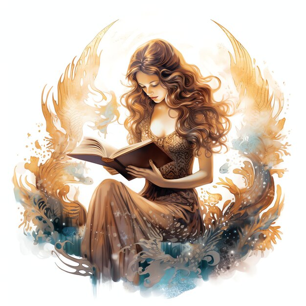 hermosa sirena leyendo un libro misterioso Ilustración de imágenes prediseñadas de acuarela gótica negra
