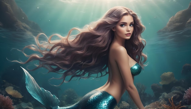 Foto una hermosa sirena con el pelo largo y ondulado