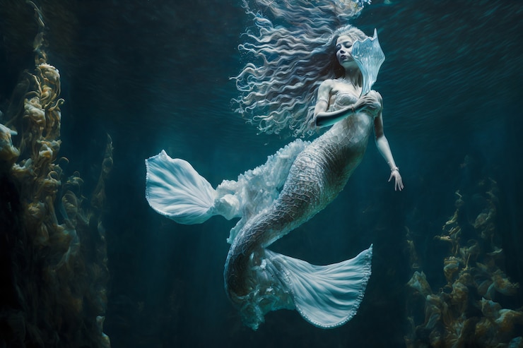 Hermosa sirena de tiro completo posando bajo el agua