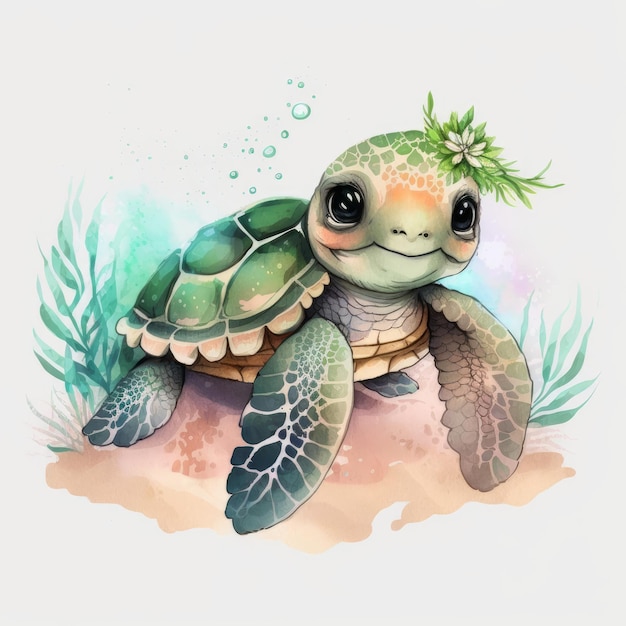 Hermosa sonriente Baby Sea Turtle Clip Art sobre fondo blanco AI generativa