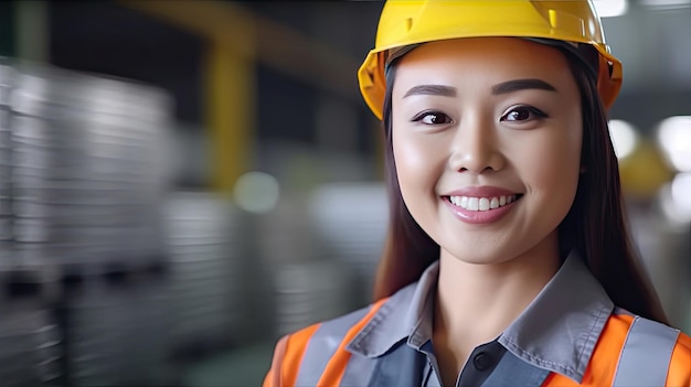 Una hermosa sonriente en la cámara ingeniera asiática en chaleco de seguridad y casco mujer asiática profesional que trabaja en la fábrica de fabricación moderna Ai generativo