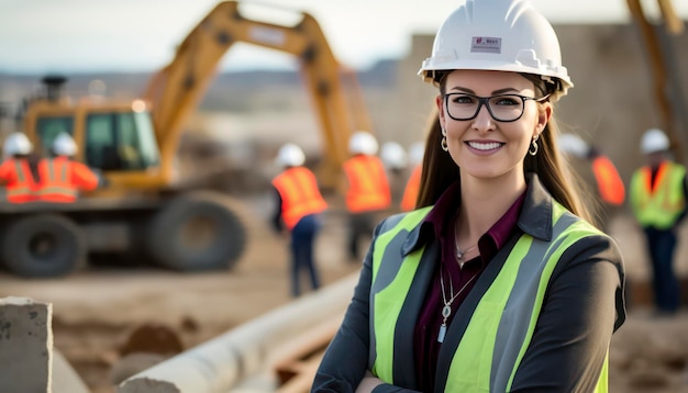 una hermosa y sonriente ingeniera frente a un fondo de construcción borroso