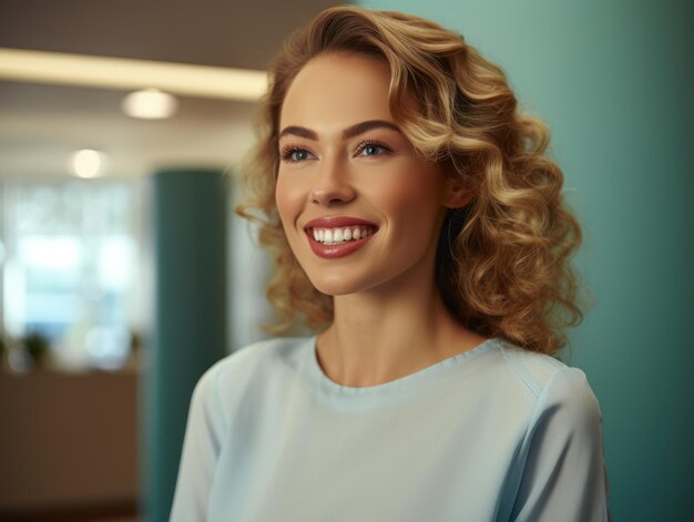 La hermosa sonrisa amplia de una mujer sana dientes blancos de cerca