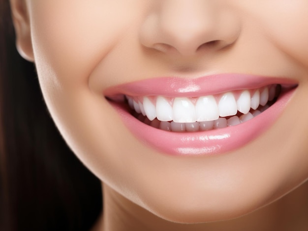 La hermosa sonrisa amplia de una mujer sana dientes blancos de cerca