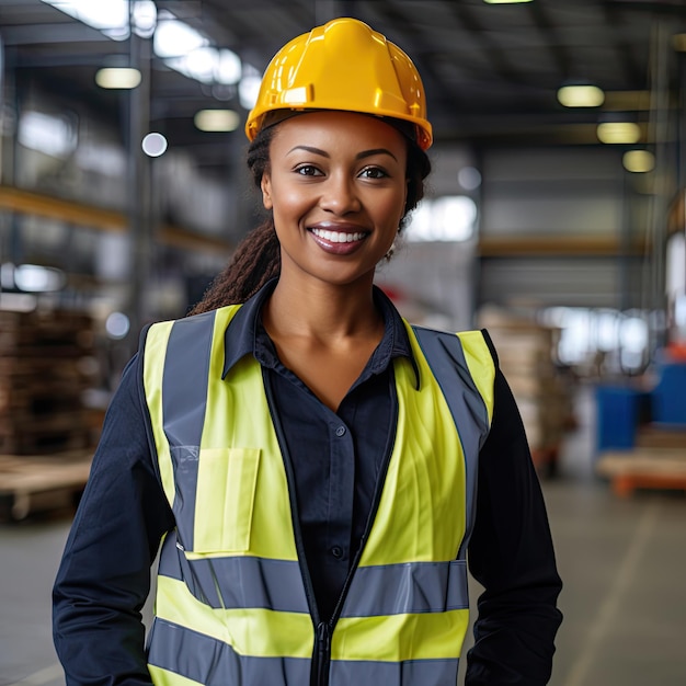 Una hermosa sonrisa en la cámara Gente negra Ingeniera en chaleco de seguridad y casco profesional Mujer negra que trabaja en la fábrica de fabricación moderna Ai generativo