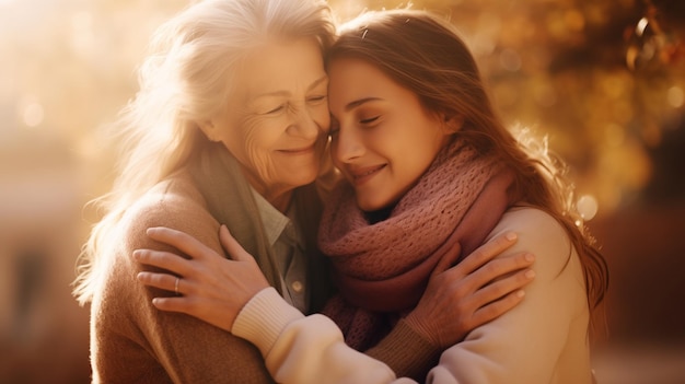 Hermosa sonrisa feliz madre anciana con hija adulta joven dos mujeres juntas con ropa casual abrazándose besándose