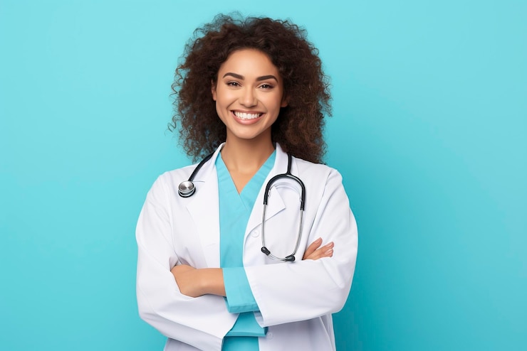 Foto hermosa sonrisa feliz médico señalando con el dedo en un fondo de color espacio de copia