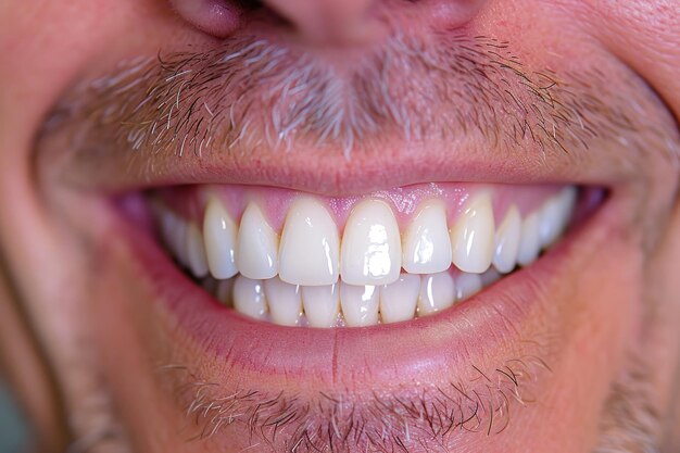 Una hermosa sonrisa de un hombre enmarcada por dientes blancos como la nieve expresa frescura y confianza