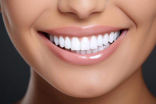 Hermosa sonrisa de mujer con dientes sanos de primer plano Cuidado dental Blanqueamiento dental dientes blancos perfectos de primer plano sonrisa de chapa dental femenina Generada por IA