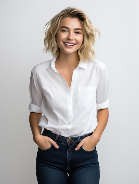Hermosa sonrisa saludable chica de raza mixta con jeans y camiseta blanca en un fondo limpio y simple