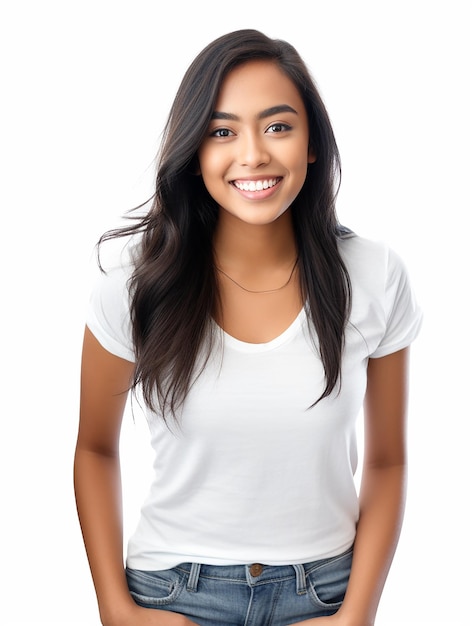 Hermosa sonrisa saludable chica de raza mixta con jeans y camiseta blanca en un fondo limpio y simple