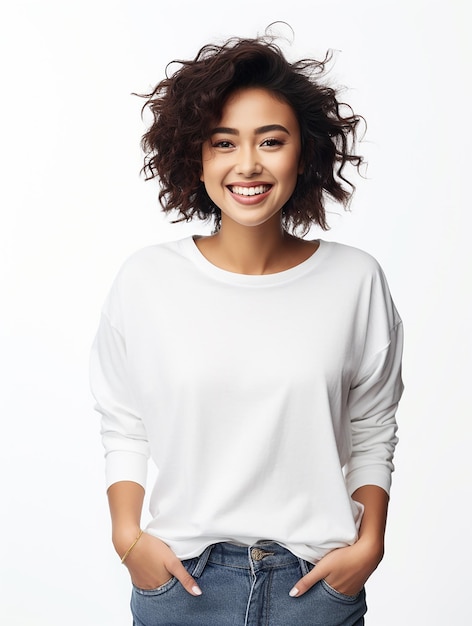 Hermosa sonrisa saludable chica de raza mixta con jeans y camiseta blanca en un fondo limpio y simple