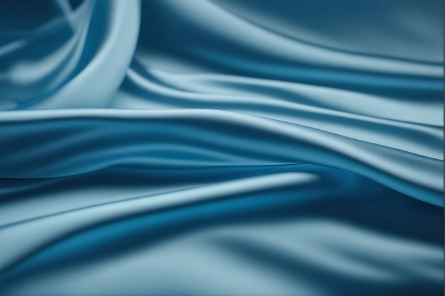 Hermosa superficie plana de satén de seda azul Pliegues suaves sobre tela brillante Fondo de lujo