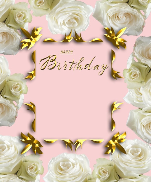 Hermosa tarjeta de cumpleaños para una mujer o niña con flores y oro