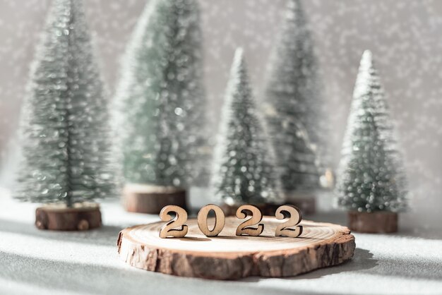 Hermosa tarjeta de felicitación de año nuevo. Números decorativos 2022 en soporte de madera y abetos verdes sobre fondo gris borroso con nieve. Feliz año nuevo 2022.