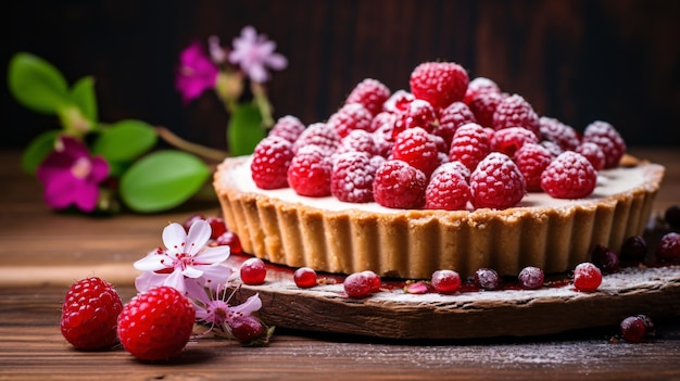 Hermosa tarta de frambuesa en una mesa de madera con primavera