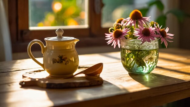 Una hermosa taza de té de la flor de la equinácea