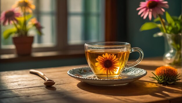 Una hermosa taza de té de la flor de la equinácea