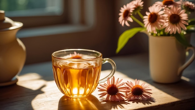 Una hermosa taza de té de la flor de la equinácea