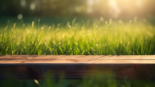 Hermosa temporada de primavera con mesa de madera en campo de hierba y fondo claro bokeh