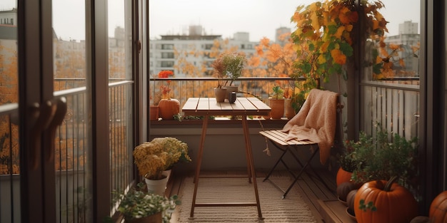 Hermosa terraza urbana decorada con mesa y plantas decorativas en otoño