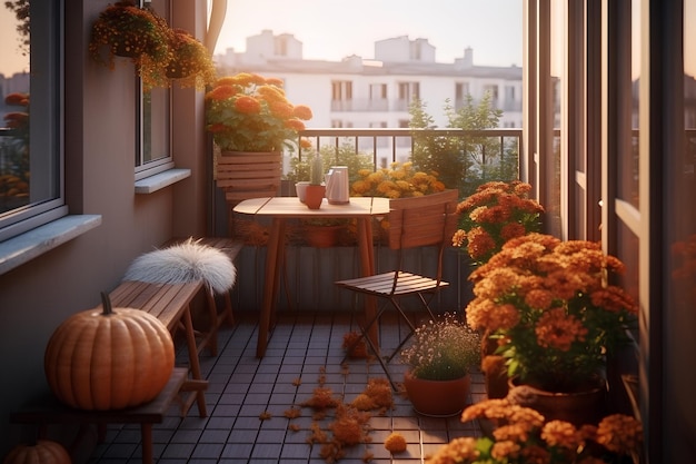 Hermosa terraza urbana decorada con mesa y plantas decorativas en otoño