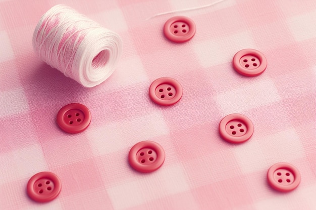 Foto hermosa textura con botones rosados y una bobina para coser