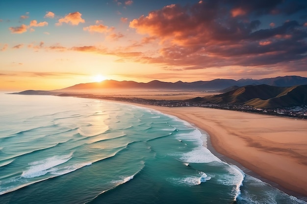 Hermosa toma aérea de una orilla del mar con colinas en el fondo al atardecer