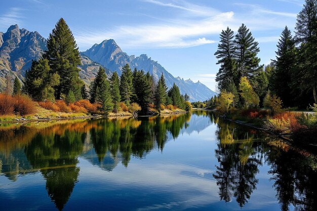 Hermosa toma de agua que refleja los árboles y las montañas con el cielo azul