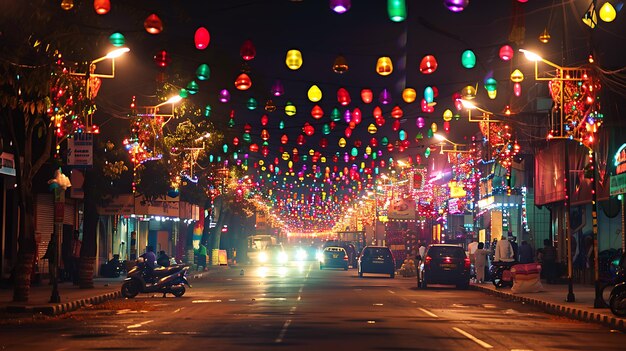 Una hermosa toma de una calle en una ciudad por la noche La calle está iluminada por luces de colores