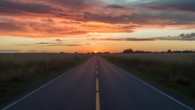 Una hermosa toma de un camino a través del campo durante la impresionante puesta de sol