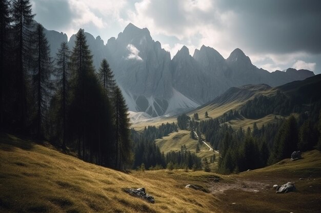 Hermosa toma de colinas cubiertas de hierba cubiertas de árboles cerca de las montañas en los dolomitas de Italia