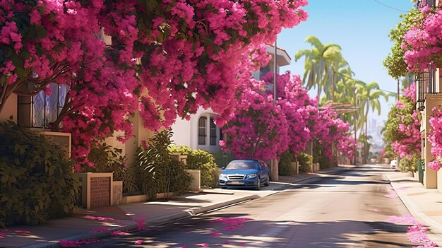 Hermosa toma de un floreciente árbol de sakura rosa en medio de la calle Generativo ai