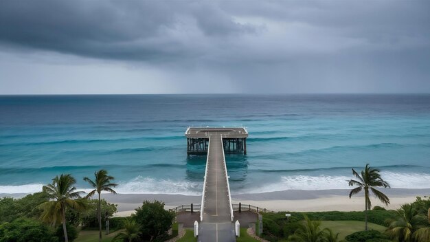 Foto una hermosa toma de un muelle que conduce al océano bajo el cielo sombrío en bonaire caribbean