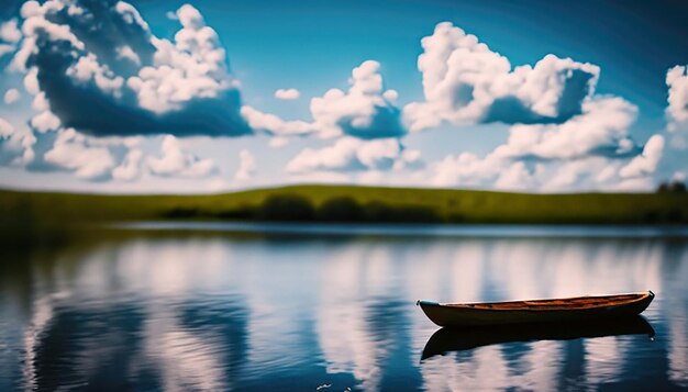 Una hermosa toma de un pequeño lago con un bote de remos de madera en foco y nubes impresionantes en el cielo