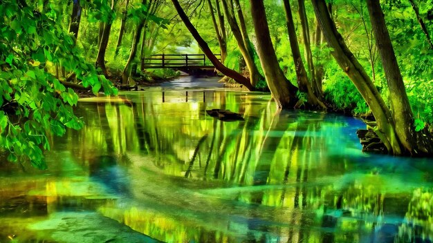 Una hermosa toma de un pequeño río en un bosque