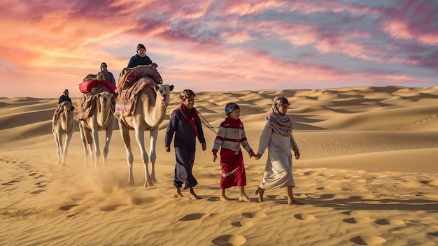 Una hermosa toma de personas caminando con sus camellos en el desierto de Erg Lihoudi en Marruecos