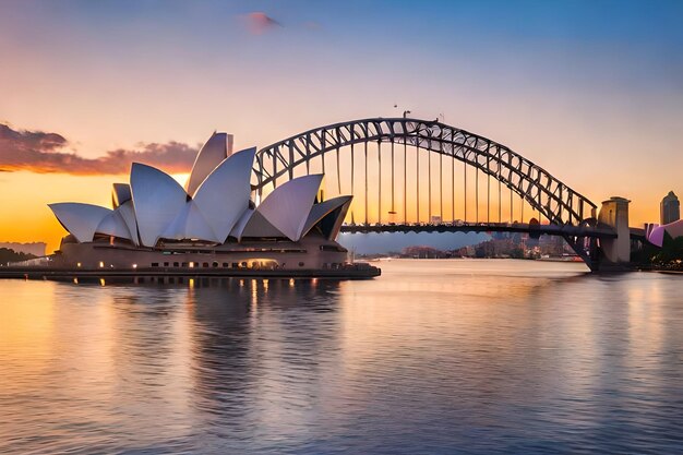 Foto una hermosa toma del puente del puerto de sydney con un cielo rosa claro y azul