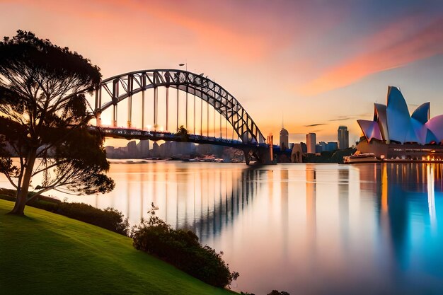 Foto una hermosa toma del puente del puerto de sydney con un cielo rosa claro y azul