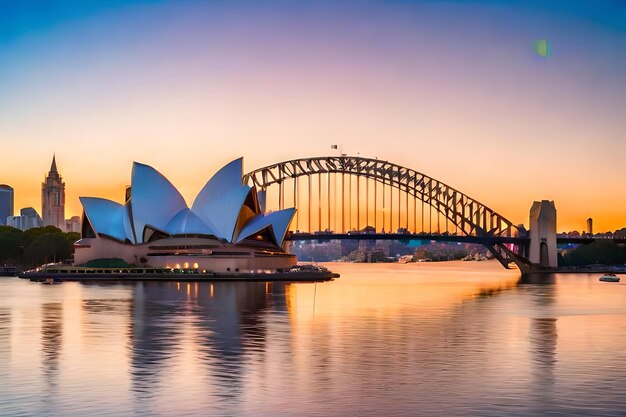 Foto una hermosa toma del puente del puerto de sydney con un cielo rosa claro y azul