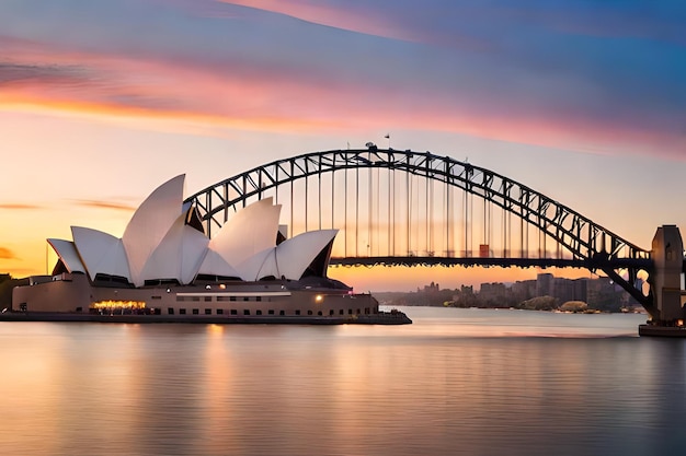 Foto una hermosa toma del puente del puerto de sydney con un cielo rosa claro y azul