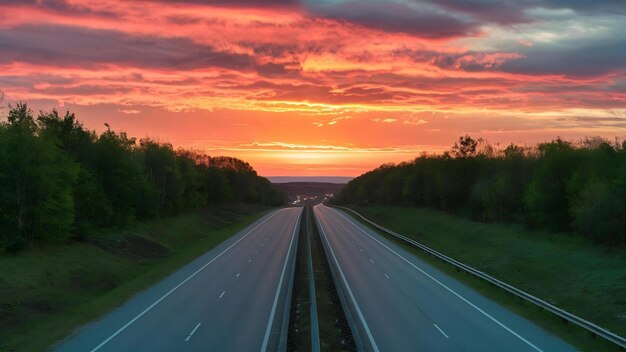 Una hermosa toma de la puesta de sol en la autopista con vegetación alrededor