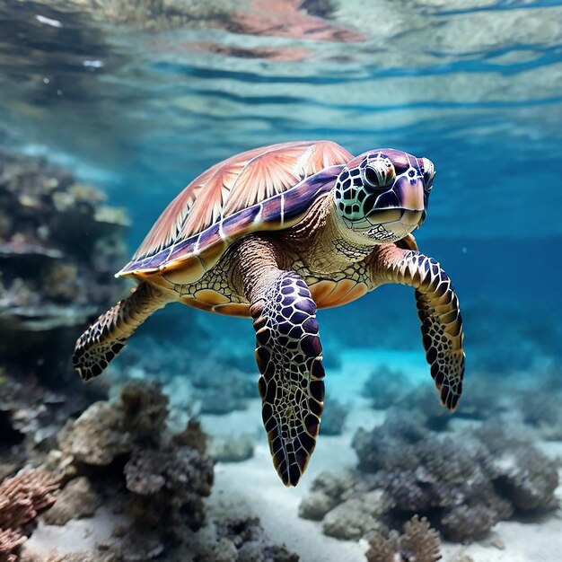 Una hermosa tortuga azul nadando en el arrecife de coral