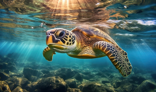 Hermosa tortuga marina bajo el agua océano azul cristalino IA generativa