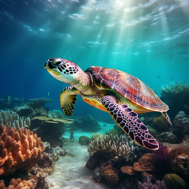 Una hermosa tortuga marina nadando en el arrecife submarino