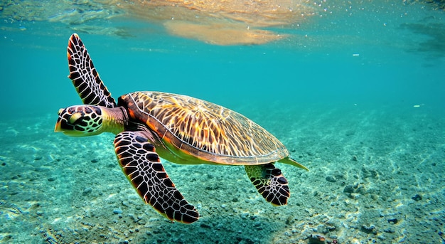 Hermosa tortuga marina nadando en medio del mar