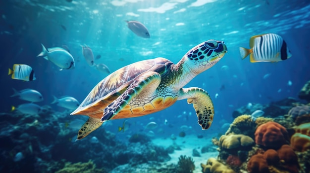 Foto hermosa tortuga nadando entre peces en aguas azules del océano naturaleza mundo submarino