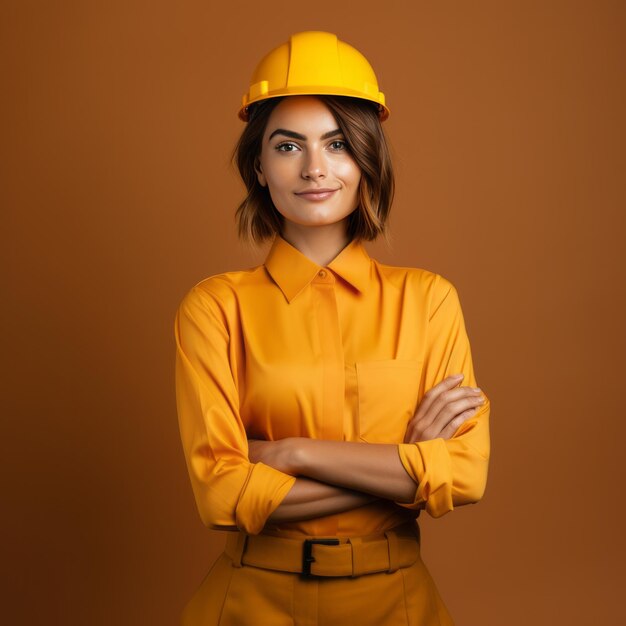 Hermosa trabajadora de la construcción con un casco amarillo